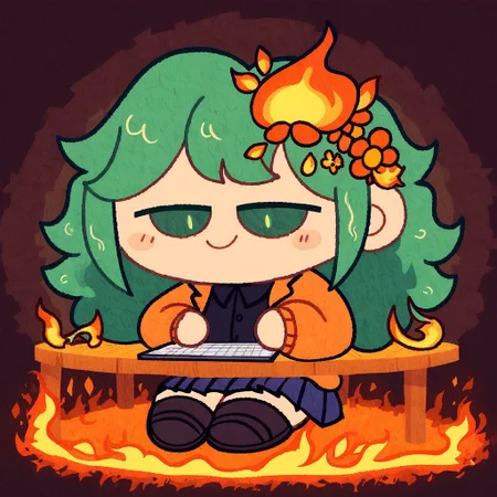 score_9, score_8_up, score_7_up, 1girl, long green hair, braid over left shoulder, orange flowers in hair, orange cardigan, black shirt, long brown pleated skirt, black loafers,sitting,smile,chibi,table,chair, white speech bubble that says "This is fine!", speech bubble, roasting marshmallows, texture overlay, computer screens on fire, room in flames, green eyes, english text, fire on floor