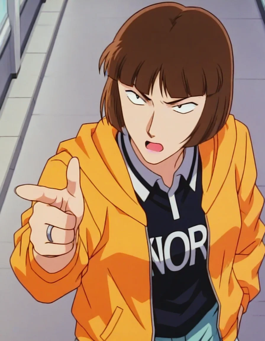 1girl,solo,masterpiece,best quality,anime screenshot, 1990s \(style\),
<lora:kira_hasue_conan_v1_IL:0.8>,kira hasue,short hair,brown hair,blunt bangs,bob cut,purple lips,ring,black eyes,tsurime,(sanpaku:1.5),orange hooded jacket,long sleeves,black englishtext shirt,open clothes,collared polo shirt,aqua shorts,
<lora:dmd2_sdxl_4step:1>,hallway, indoors, pointing,angry, open mouth, upper body, from above,