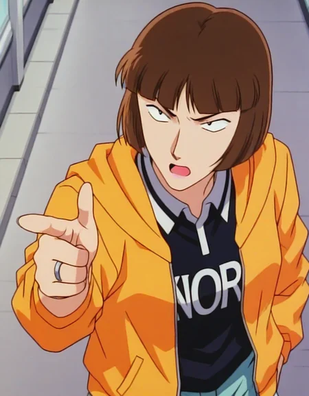 1girl,solo,masterpiece,best quality,anime screenshot, 1990s \(style\),
<lora:kira_hasue_conan_v1_IL:0.8>,kira hasue,short hair,brown hair,blunt bangs,bob cut,purple lips,ring,black eyes,tsurime,(sanpaku:1.5),orange hooded jacket,long sleeves,black englishtext shirt,open clothes,collared polo shirt,aqua shorts,
<lora:dmd2_sdxl_4step:1>,hallway, indoors, pointing,angry, open mouth, upper body, from above,