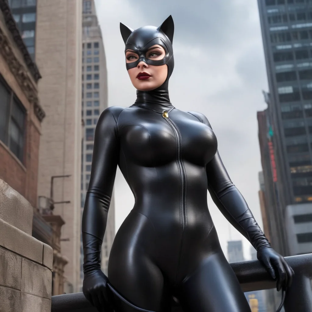Hyperrealistic art of <lora:Catwoman:1.2>
Catwoman a naked big breasts woman in a cat suit posing naked In Gotham City Universe, Extremely high-resolution details, photographic, realism pushed to extreme, fine texture, incredibly lifelike