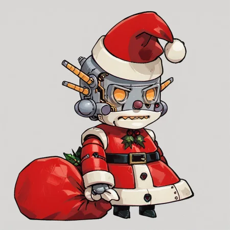 score_9, score_8_up, score_7_up, rating_safe,
r0b0t_s4nta_c1aus, solo, headwear, headgear, hat, clothing, santa hat, christmas headwear, christmas clothing, robot, solo,
simple background, Padorumeme, santa_dress, chibi, holding_sack, santa_hat