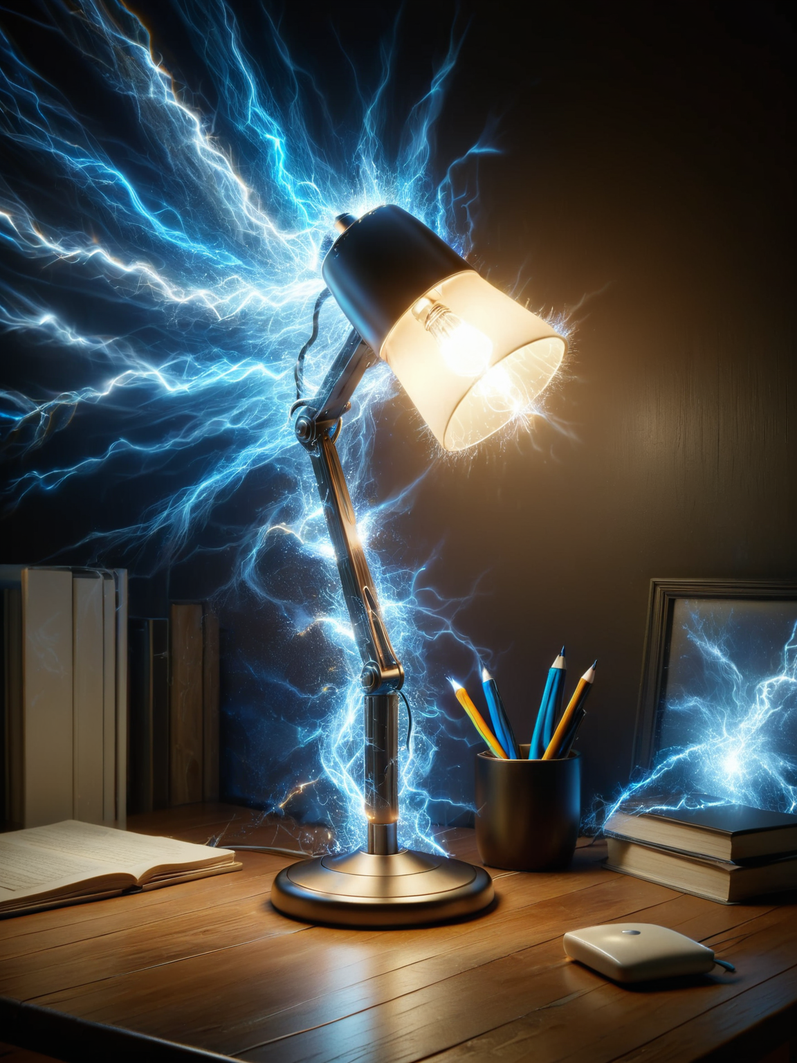 An ais-sparkz desk lamp on a wooden table surrounded by a dark room <lora:Sparks_Style_SDXL:1>
