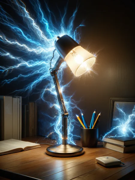 An ais-sparkz desk lamp on a wooden table surrounded by a dark room <lora:Sparks_Style_SDXL:1>
