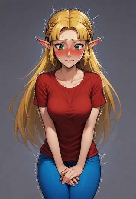 source_anime, ((rating:PG13)), colorful, source_hentai, anime style, score_9, score_8_up, score_8, (masterpiece), f1dg3tingXL, fidgeting, BREAK, 1girl, Princess Zelda, red t-shirt, blue leggings, breasts covered, red top, 1woman, blonde hair, green eyes, pointy ears, have_to_pee, trembling, motion_lines, sweat,, (full-face_blush:1.2), blushing, own_hands_together,