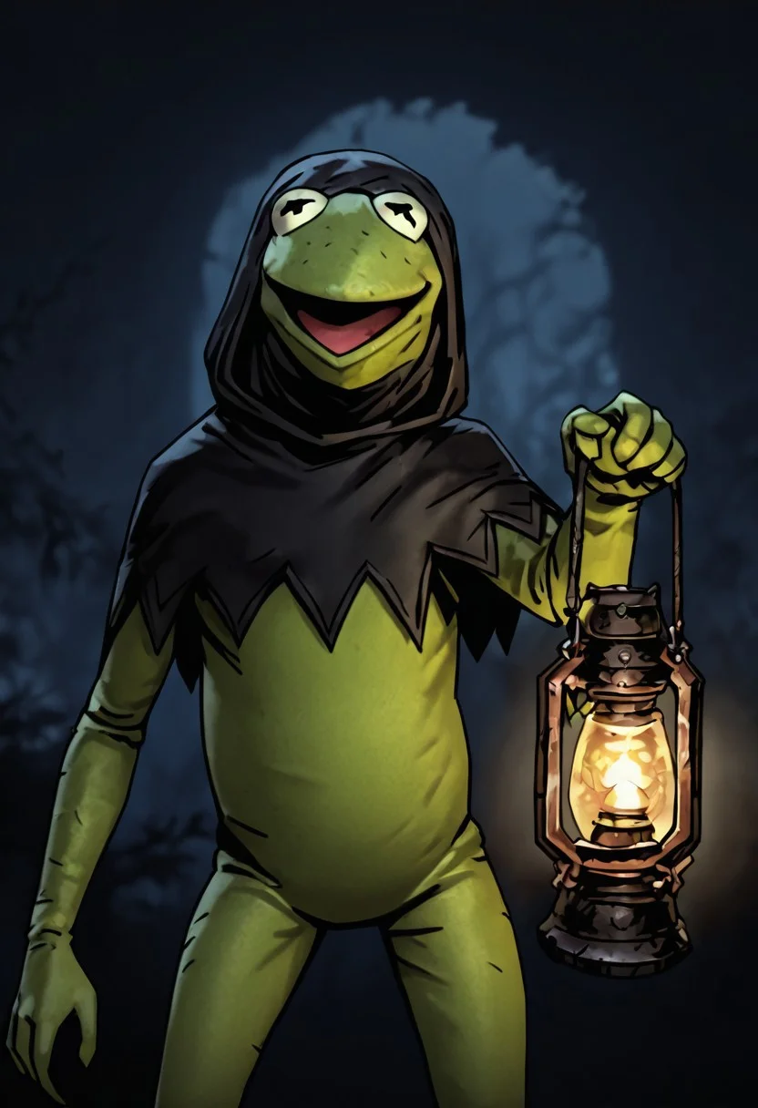 masterpiece, best quality, newest, absurdres, highres, DDstyle, official style, shaded eyes, Kermit The Frog, solo, Green Puppet, black hood, hood up, hood over eyes, lantern, holding, holding lantern,
