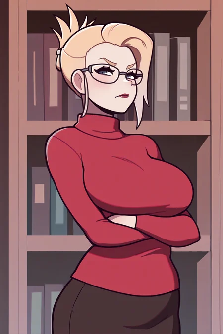 masterpiece, best quality, 1girl, solo, (riz:0.6), (mixplin:0.6) <lora:ffscarlet-illu-nvwls-v1-000005:1> ffsc4rlet, blonde hair, folded ponytail, short hair, blue eyes, lipstick, large breasts, red sweater, turtleneck, black skirt, pencil skirt, glasses, looking at viewer, crossed arms, frown, blush, library, bookshelf