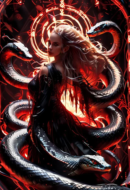 score_9, score_8_up, score_7_up, score_6_up, full body painting of a female slowly turning into a snake, (((sn4ke))), horrifically captivating beauty, red and black color scheme , very long hair, hair wrapped around body, snake eyes,, enticing the viewer closer, painted in style of clive barker, inspired with hellraiser like design, dark shot, shadows, dim light, field of depth, dark light, red and black theme, abandonment in background, despair,
BREAK
cinematic angle, unique perspective, dramatic lighting