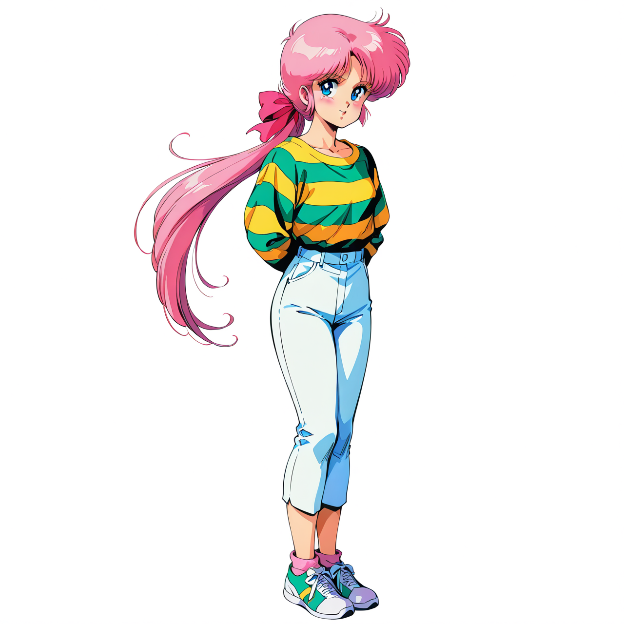 [generated by waiNSFW_v120:100]
anime coloring,  4K, BREAK
<lora:elaine-IL_v1:0.8>elaine, 1girl, bangs, solo, 1980s(style), retro art style,
purple pink hair, low ponytail, very long hair, pink hair ribbon, BREAK
blue eyes,  BREAK
striped shirts,  white capri pants,
shoes,
blush
standing,
no background, white background,
beautiful face, best quality,