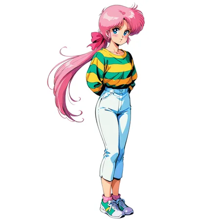 [generated by waiNSFW_v120:100]
anime coloring,  4K, BREAK
<lora:elaine-IL_v1:0.8>elaine, 1girl, bangs, solo, 1980s(style), retro art style,
purple pink hair, low ponytail, very long hair, pink hair ribbon, BREAK
blue eyes,  BREAK
striped shirts,  white capri pants,
shoes,
blush
standing,
no background, white background,
beautiful face, best quality,
