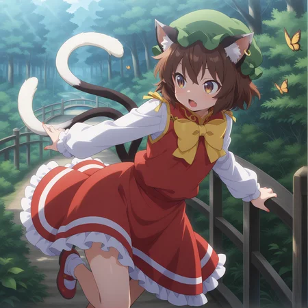 absurdres, highres, masterpiece, best quality, amazing quality, official anime artwork, screencap, anime screencap, forest, outdoors, bridge, looking right,
<lora:Chen_Illustrious:1> chen, 1girl, solo, brown hair, short hair, brown eyes, cat tail, two tails, cat ears, fang,, mob cap, green hat, single earring, red dress, dynamic pose, butterfly,