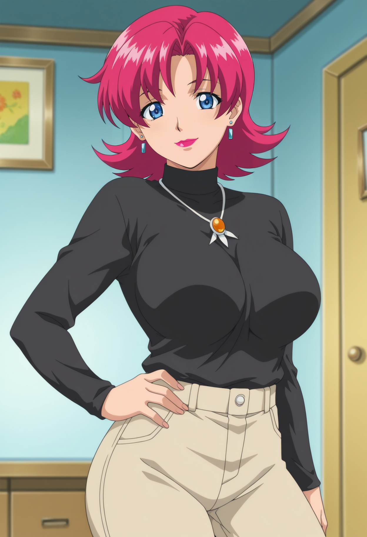 1girl,solo,mm,mature female,lipstick,earrings,pink hair,blue eyes,short hair,large breasts,anime coloring,
shirt,pants,hand on own hip, looking at viewer, smile,indoors
,masterpiece,best quality,amazing quality,<lora:Touko_MINOWA-Wife_with_Wife:0.8>