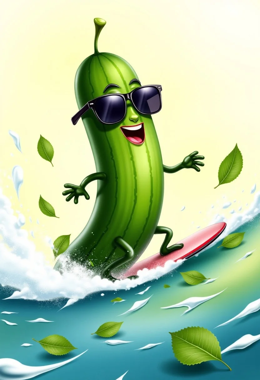 A friendly, animated cucumber wearing sunglasses and surfing on a wave made of salad greens, illustration in the style of BRSH
