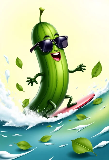 A friendly, animated cucumber wearing sunglasses and surfing on a wave made of salad greens, illustration in the style of BRSH
