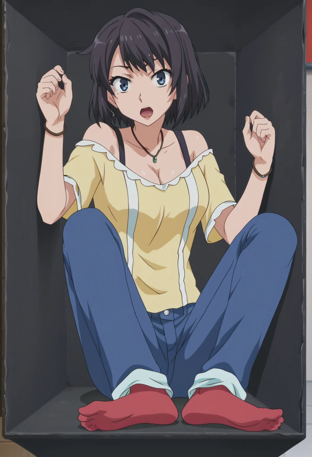 score_9, score_8_up, score_7_up, source_anime,
BREAK
<lora:shiClausTestV1:1.0>,
shiclaustro, looking at viewer, open mouth, sitting, tongue, feet, no shoes, parody, socks, trapped, in container, cramped, restrained, stuck,
1girl, solo, anime screencap, anime coloring,
<lora:shiYukSisV1:0.9> harudef, short hair, black hair, blue eyes, yellow shirt, cleavage, jewelry, necklace, bracelet, blue pants, off shoulder,