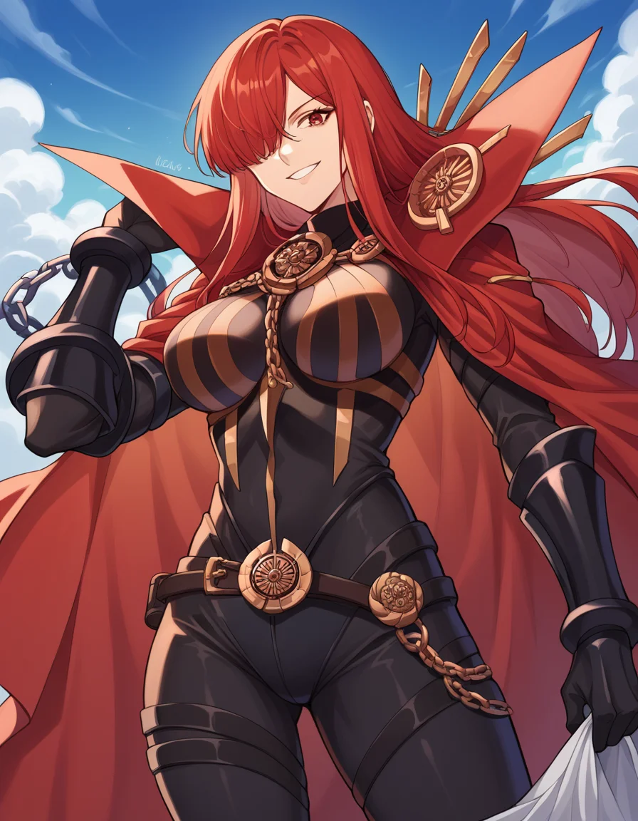 score_9, score_8_up, score_7_up, source_anime, <lora:fgo-oda-nobunaga-maou-ponyxl-lora-nochekaiser:1>, oda nobunaga maou, hair over one eye, long hair, red eyes, red hair, large breasts,, armor, belt, black bodysuit, bodysuit, bracer, breastplate, cape, chain, collared cape, family crest, medallion, oda uri, popped collar, red cape, sheath, thighs,, laundry day, clothesline, drying clothes, domestic life, fresh air, blue sky, smile, , arm wrapped around someone, solo,, cowboy shot, dutch angle
