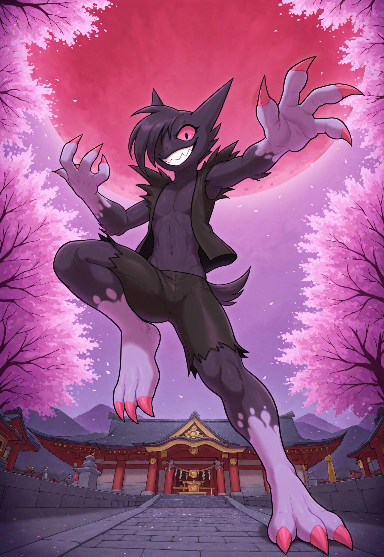 masterpiece,best quality,absurdres,newest,perfect quality,best quality,absolutely eye-catching,detailed background,intricate details,lopied,(solo,full body),1boy, colored skin,purple skin,colored sclera,hair over one eye,fewer digits,claws,tail,pokemon (creature),furry,looking at viewer,smile,grin,open vest,ripped shorts,
BREAK,
(extreme perspective,dynamic composition,dynamic pose,temple,cherry blossom:1.2)