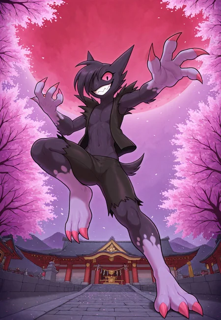masterpiece,best quality,absurdres,newest,perfect quality,best quality,absolutely eye-catching,detailed background,intricate details,lopied,(solo,full body),1boy, colored skin,purple skin,colored sclera,hair over one eye,fewer digits,claws,tail,pokemon (creature),furry,looking at viewer,smile,grin,open vest,ripped shorts,
BREAK,
(extreme perspective,dynamic composition,dynamic pose,temple,cherry blossom:1.2)