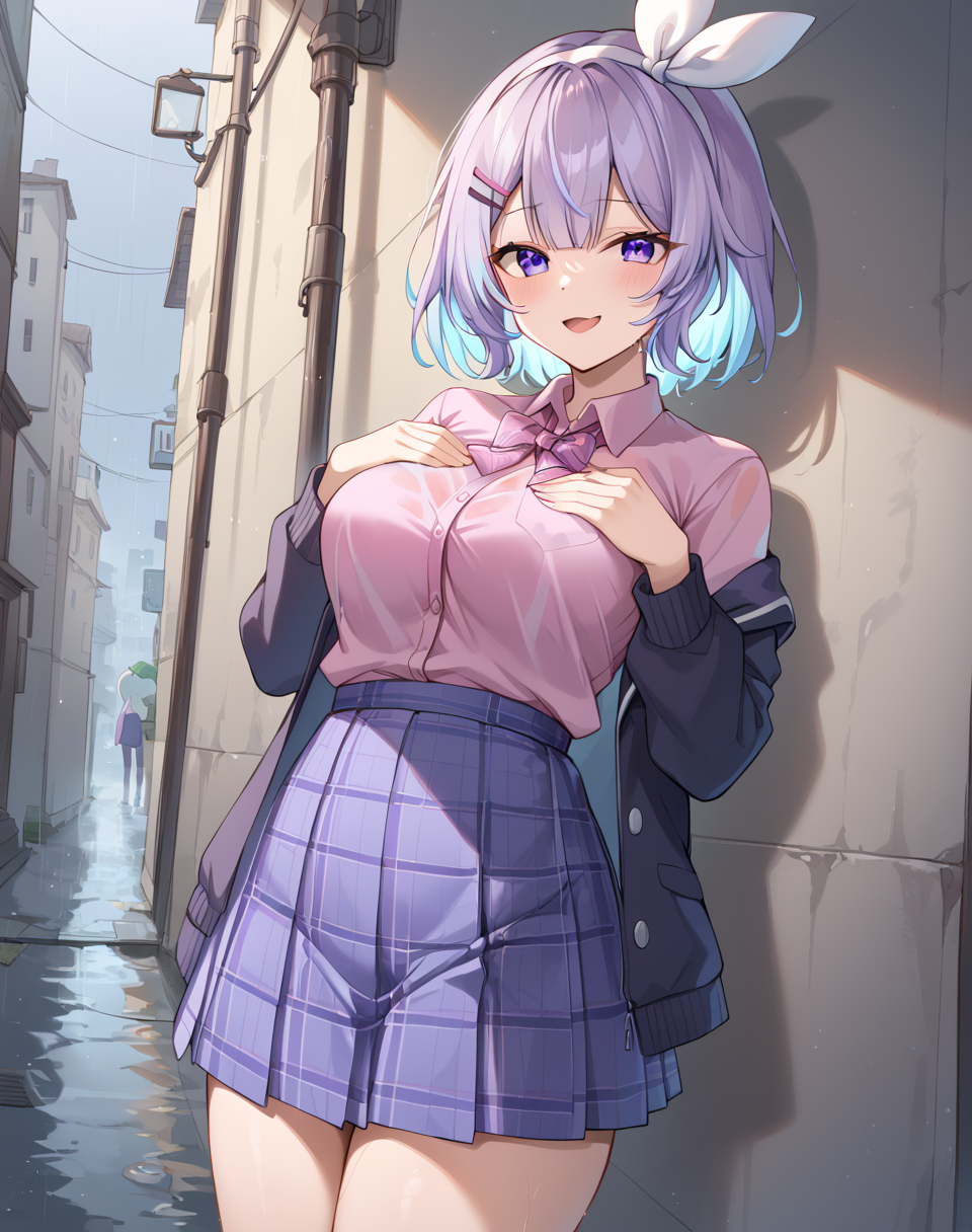 nun_bora, nun_bora_school, short hair, purple hair, purple eyes, virtual youtuber,colored inner hair,  blue hair, collared shirt, multicolored hair,  school uniform, bow hairband, pink shirt, plaid neck ribbon, plaid skirt, pleated skirt, blue skirt, wet clothes, see through, wet hair BREAK outdoors, city alley, rain, raining, BREAK cowboy shot, smug, open mouth, looking at viewer, flirty, hands on breasts, contraposto BREAK score_9, score_8_up, score_7_up, source_anime ,zPDXL, <lora:Nun_Bora:0.8>