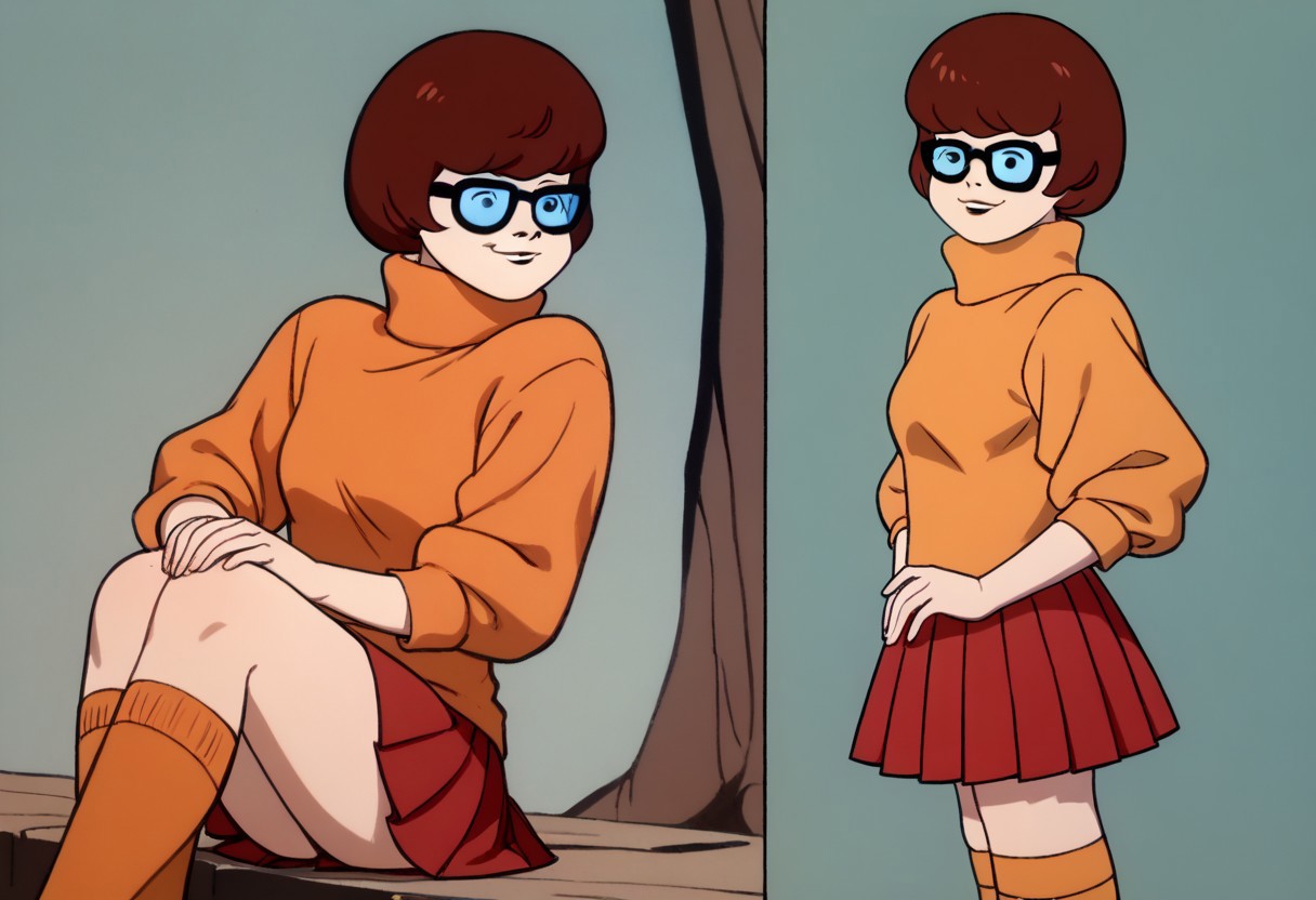 score_9, score_8_up, score_7_up BREAK VelmaCl, 1girl, brown bob cut, black eyes, glasses, orange turtleneck sweater, short red pleated skirt, orange knee-high socks, red mary jane shoes, posing for viewer, smiling, closeup, closeup shot,