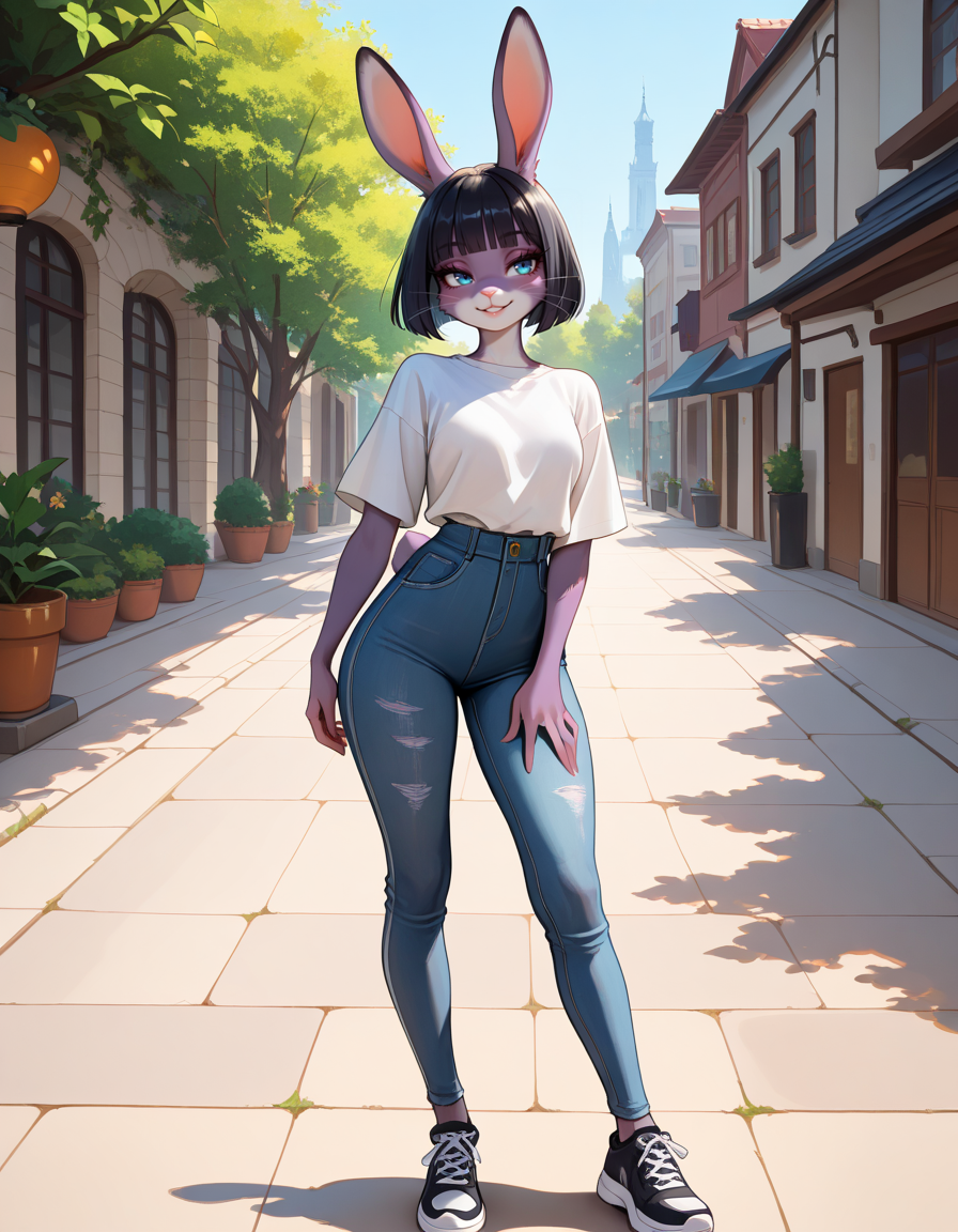 masterpiece, best quality, very aesthetic, absurdres,
outdoors, casual, 
full body,standing, posing, 
 seductive smile, parted lips, long eyelashes,
m4rl3nn3,1girl,solo,furry,furry female,rabbit girl,black hair,short hair,blunt bangs,bob cut,rabbit ears,blue eyes,animal nose,whiskers,body fur,purple fur,rabbit tail,