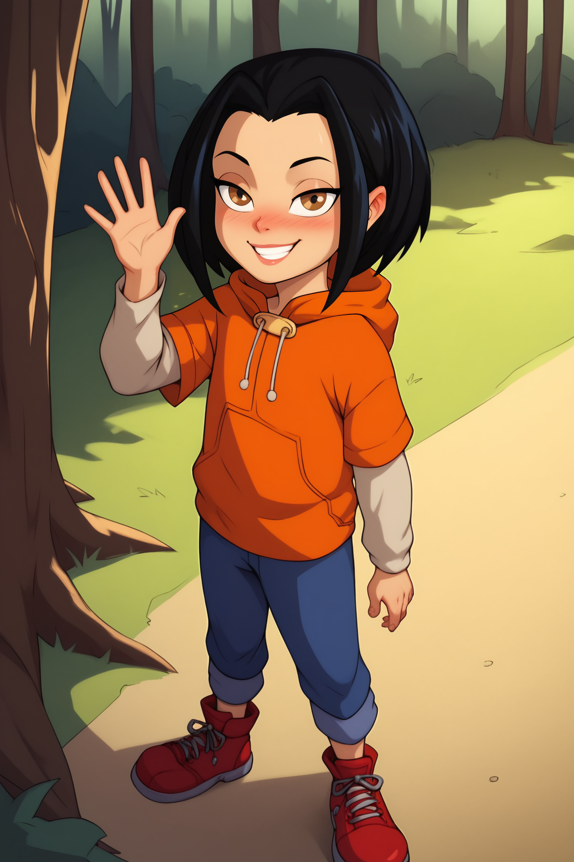 score_9, score_8_up, score_7_up, score_6_up, BREAK, JadeJCAPXL, colored skin, dark-skinned female, brown eyes, black hair, short hair, flat chest, hood down, orange hoodie, short over long sleeves, blue pants, red footwear, solo, full body, standing, waving, seductive smile, looking at viewer, naughty face, nose blush, forest, tree  <lora:JadeJCAPXL:1>