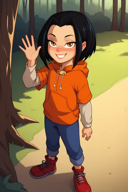 score_9, score_8_up, score_7_up, score_6_up, BREAK, JadeJCAPXL, colored skin, dark-skinned female, brown eyes, black hair, short hair, flat chest, hood down, orange hoodie, short over long sleeves, blue pants, red footwear, solo, full body, standing, waving, seductive smile, looking at viewer, naughty face, nose blush, forest, tree  <lora:JadeJCAPXL:1>