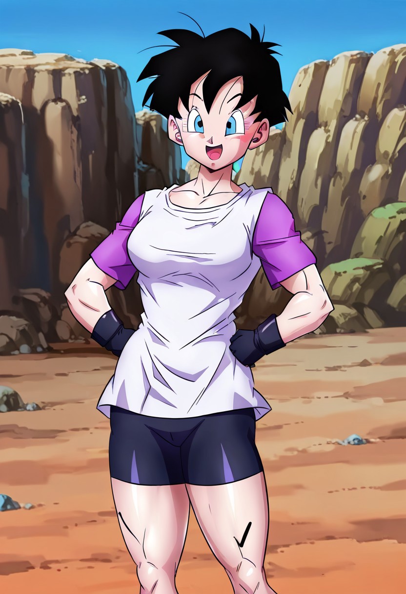 1girl, videl, (dragonball_character)blue eyes, black hair, very short hair, spiked hair, blue eyes, medium_breasts, medium hips, medium thighs, white shirt with purple sleeves, black biker shorts, tight shorts, black gloves, smile, open mouth, slim muscular body type, (<The-killer-wc_artist>)
