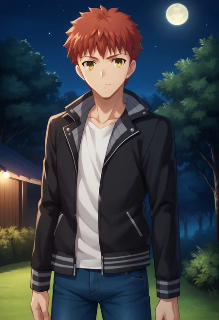 score_9, score_8_up, score_7_up, source_anime, highly detailed,
shirouemiya, 1boy, male focus, solo, upper body, pants, jeans, jacket, black jacket, denim, shirt,
tachi-e, looking at viewer, red hair, yellow eyes, white shirt, blue pants,
outdoor, trees, night, moon,