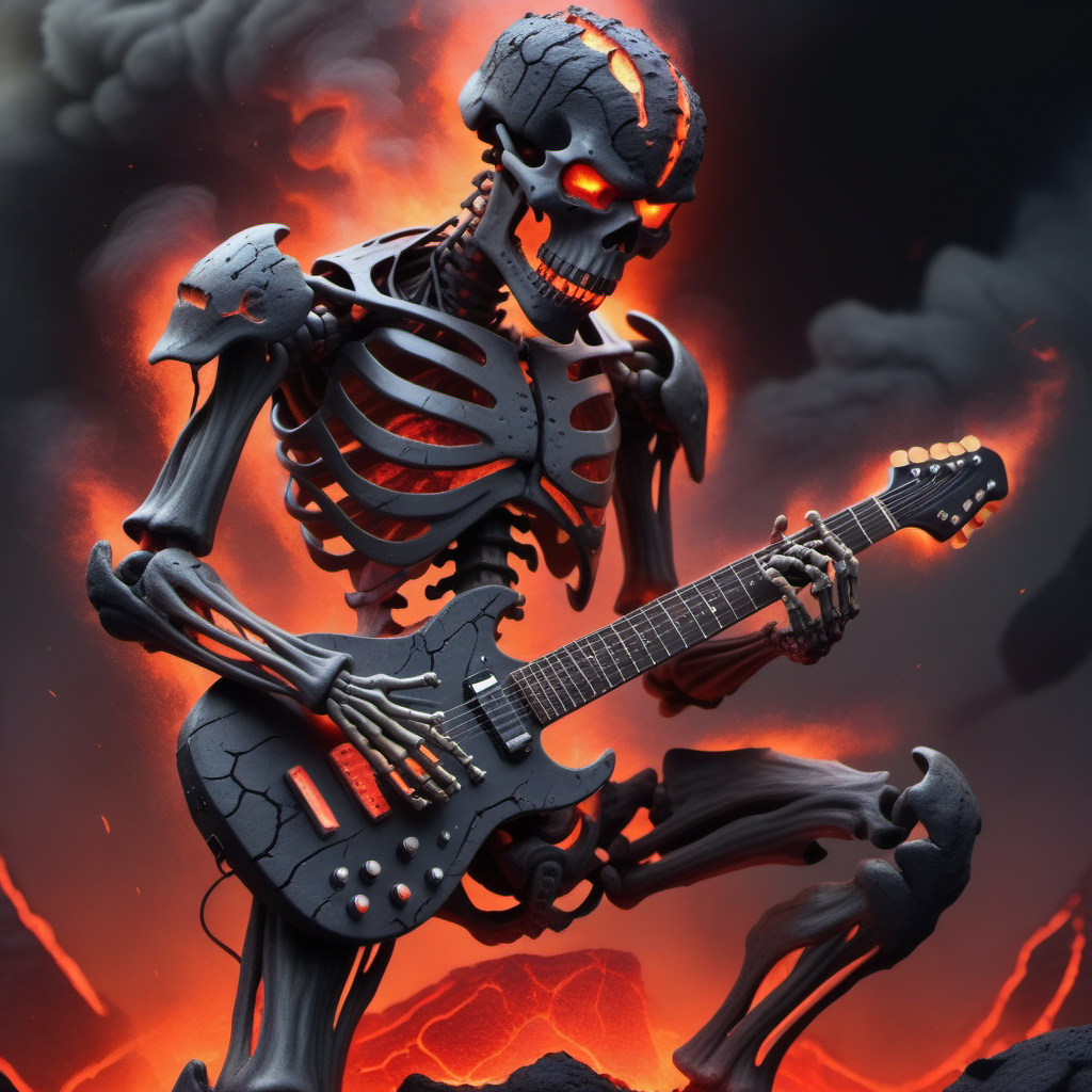 <lora:World_of_Brimstone_XL:1>, scifi,  skeleton playing an electric guitar, armoured, helmet, lava, cracks, made of brimstone, brathing fire, red glowing eyes