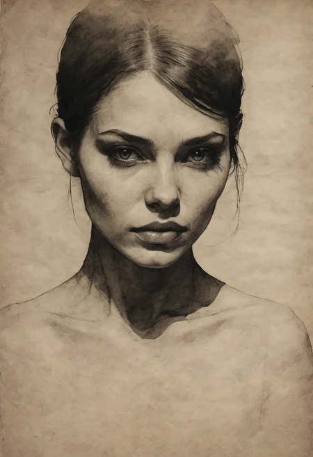 black ink on parchment dark moody minimal portrait of a model emerging from the shadows