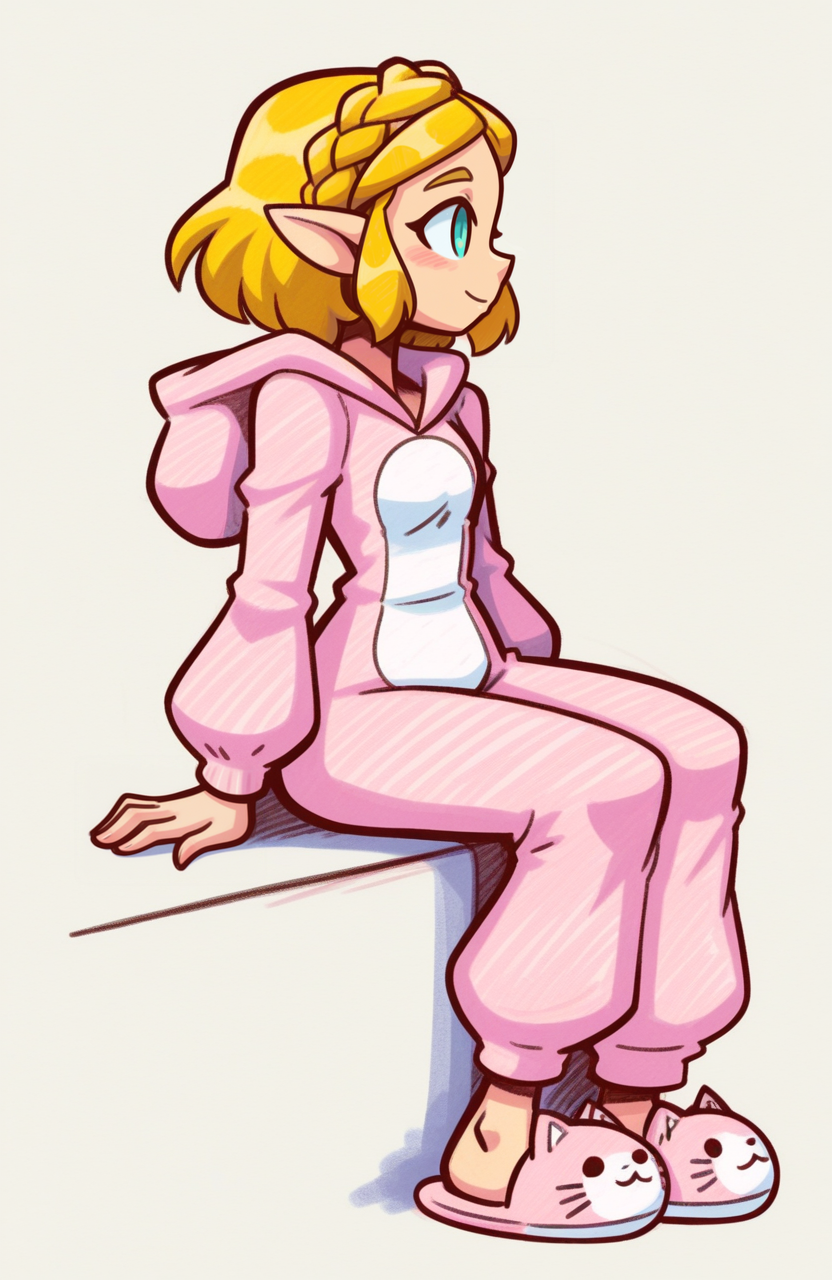 1girl, solo,
<lora:Zelda-IL-v2:0.5>, ChopioZelda, blonde hair, aqua eyes, pointy ears, short hair, crown braid, sidelocks, animal pajamas, fleece onesie, hood, ankle socks, cartoon pattern, paw slippers, sitting, side profile, quiet smile, longing eyes, tender aura,
<lora:shadowhawx95:1> shadhawx, traditional media, hatching \(texture\), sketch, extremely detailed, highres, masterpiece, best quality