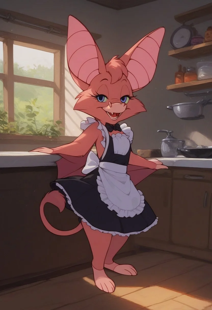 score_9, score_8_up, score_7_up, score_6_up, score_5_up, score_4_up, detaied background, indoors, appartments.
Bat girl, anthro bat, bat ears, bat nose, bat tail, one tail, feral bat feet, feral bat legs, Fixglove, wearing black Maid outfit, solo, standing, smile face, looking at viewer, (rich house kitchen:1,4), indoors