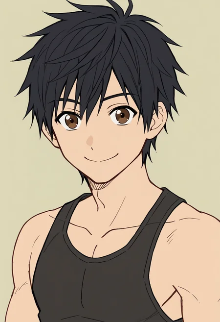 <lora:FlatColor:1.2> flat color, 1boy, solo, brown eyes, black hair, wearing a tank top, upper body, smile, looking at viewer,
simple background