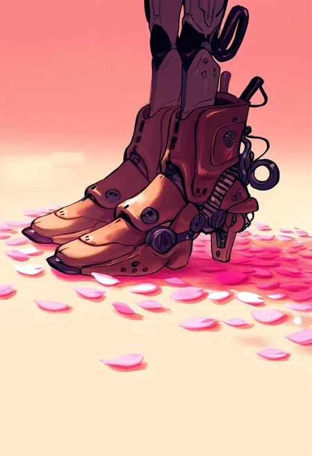 froyoyogurt, 1girl, very awa, closeup on legs, boots, mechanical legs,
dappled light, sakura petals,