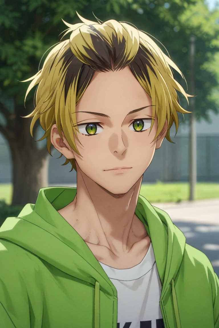 score_9, score_8_up, score_7_up, source_anime, rating_safe, , semi-realistic, , depth of field, 1boy, solo, male focus, <lora:gonzaburou_tashiro_pony:0.92>, gonzaburou_tashiro, blonde hair, green eyes, short hair, multicolored hair, two-tone hair, streaked hair, black hair, bangs, bangs pinned back, , , <lora:sdxl_lightning_8step_lora:1>