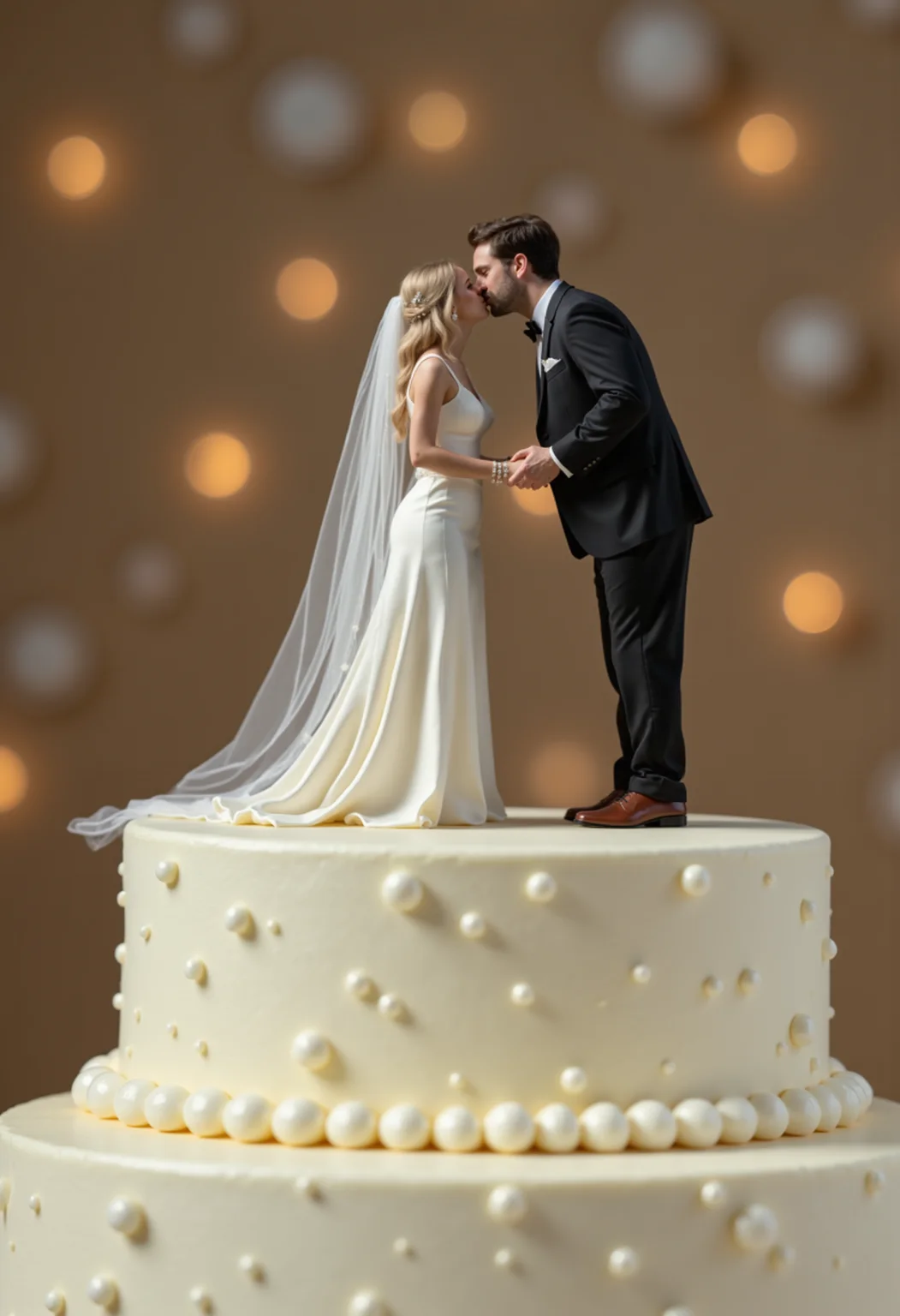 raw photo, a miniature bride and groom on top of a wedding cake, kissing, at a wedding reception