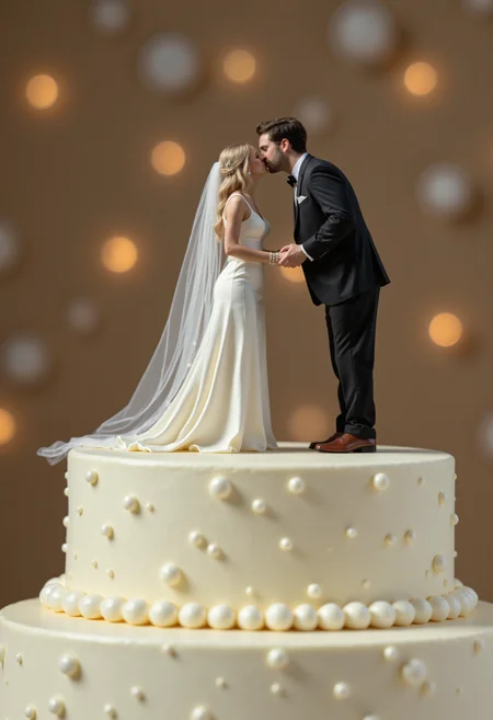 raw photo, a miniature bride and groom on top of a wedding cake, kissing, at a wedding reception