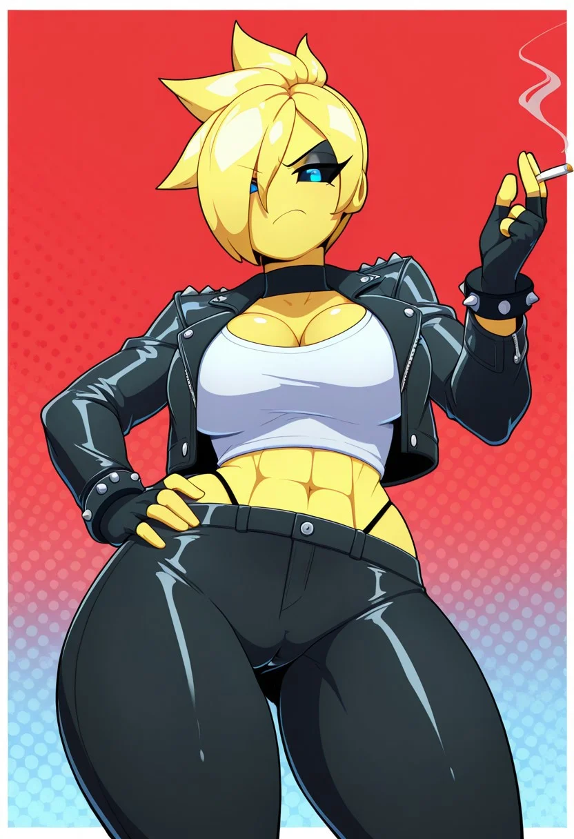 masterpiece, best quality, amazing quality, very aesthetic, high resolution, ultra-detailed, absurdres, newest, white border, (abstract background:1), ( red background | white background | blue background ), solo, 1female, hetero, voluptuous, curvy, huge thighs, al13nsp3c13sill, no nose, no ears, black sclera, blue eyes, yellow skin, yellow hair, hair over one eye, spiky hair, long sleeve leather jacket, tomboy, cleavage, punk, spiky bracelet, black fingerless gloves,  black eyeshadow, black choke, black leggings, (gray tank top:0.5), (thong straps0.7), midriff, cowboy shot, camel toe, looking at viewer, annoyed, holding cigarette in right hand, left hand on hip, contrapposto