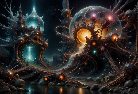 This is a highly detailed fractalex digital painting in a gothic style a compelling use of (snellâs law) how light travels through the lenses of spheres creating a gateway to other dimensions through an Electrified spectrum of fractal separation into multidimensional gateways with views of spiral galaxy, before entering a newdimension. precise fractal design, flowing curves, precision, colorful fractal geometry, harmonic interference, dismrt style, realism, detailed digital illustration, photo manipulation, altered realities, digital artistry, striking visuals, chiroscuro lighting, masterpiece, best quality, highres, high detail, sharp focus, detailed background, light reflection, photo-realistic, <lora:Epic_gorgeous_Details-flux.1:0.5> <lora:Amazing_scenery_v1:1> <lora:P-Mystic-Fusion_v10:0> <lora:flux.1_lora_surreal-tones_v1:0> <lora:RealisticDigitalPainting-flux:0.6> <lora:Electrified_Flux_v1:1> <lora:Dorota_Pietrowiak-Flux:0.3> <lora:best_of_flux_v30_rank64_bf16-step01750:0.65> <lora:ral-frctlgmtry_flux:0.65> <lora:fractalex:0.5441650390625> <lora:-_Flux1_-_vanta_black_V2.0:1>