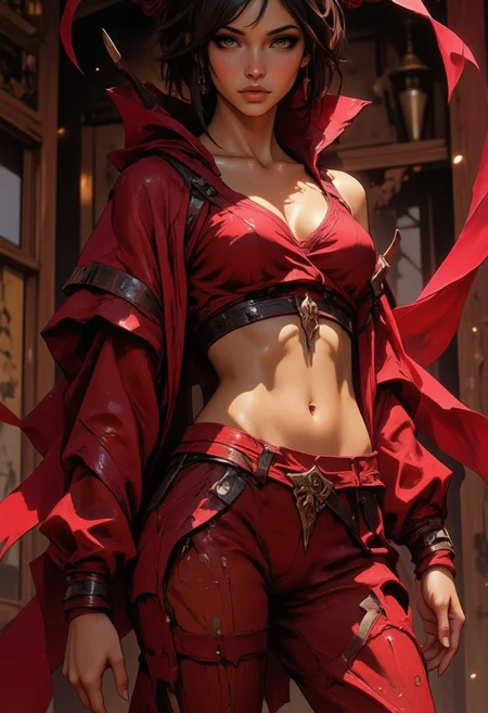 Closeup shot of a digital painting or illustration. The composition is slightly tilted upward, giving a sense of intimacy and closeness to the viewer. a dark, dramatic style, showcasing a woman with a mysterious, ancient asian theme. The Japanese woman is depicted in a rich, deep red, flowing garment that drapes elegantly, with a deep neckline that reveals a significant amount of cleavage, suggesting a provocative, ancient goddess-like figure. Her attire is adorned with intricate, beaded detailing and a flowing, sheer fabric that billows out behind her, adding to the ethereal, almost mythical appearance. closeup portrait.