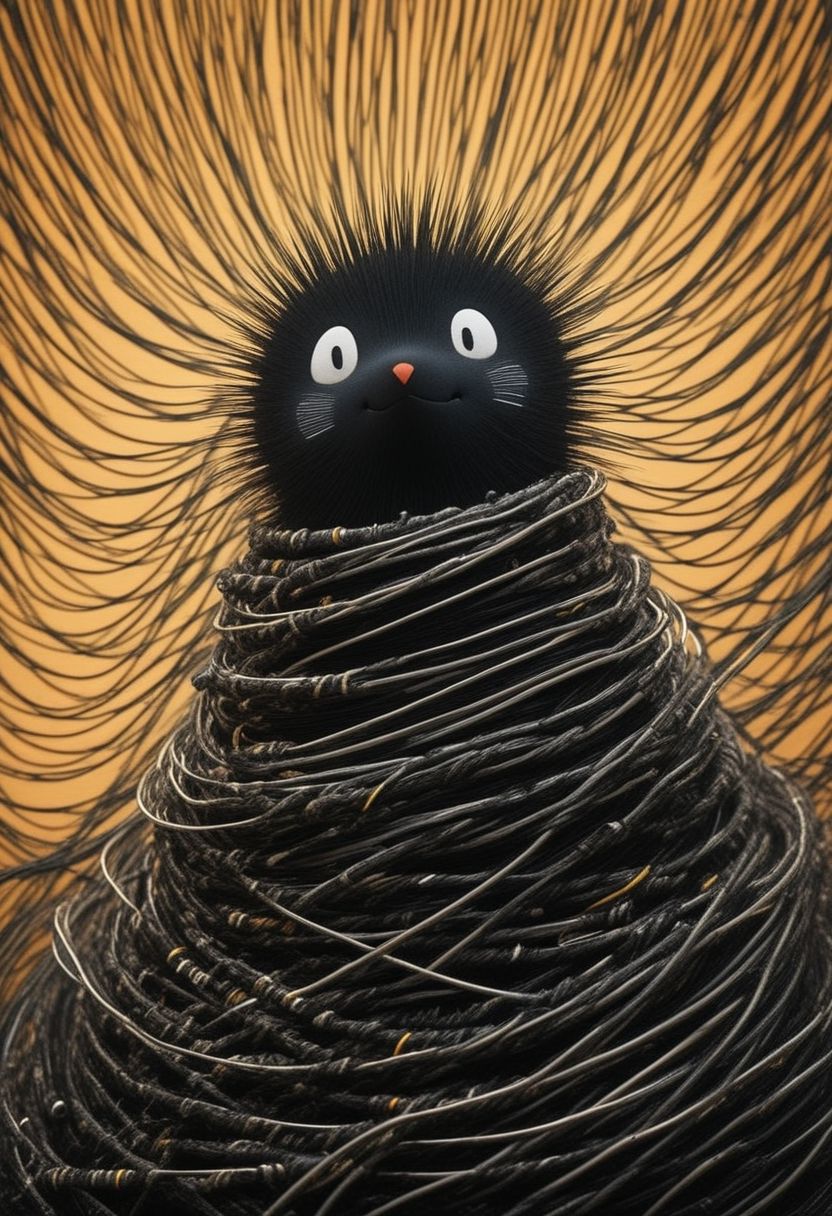 Made of bold perfect lines, Grignani, Made of lines, Striped, Anime, bold lines, wired-cyborg, mechanical parts, wires, cables, Closeup of a small fluffy little mole, cinematic composition, atmospheric haze, very detailed,