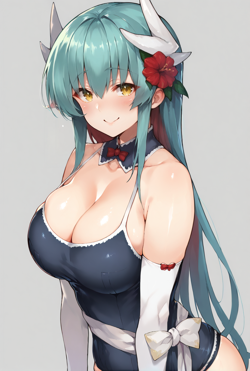 score_9,score_7_up,  <lora:kiyohime_(lancer)_XL_1:1>1girl,  bbkiyo, long hair, aqua hair, white horns, hair flower, red hair flower, yellow eyes, detached collar, cleavage, school swimsuit, blue one-piece swimsuit, elbow gloves, white gloves, white sash, blush, smile,   big breasts,   <lora:Kawakami_Masaki-Style-PonyXL-GLoRA-compass:1>
