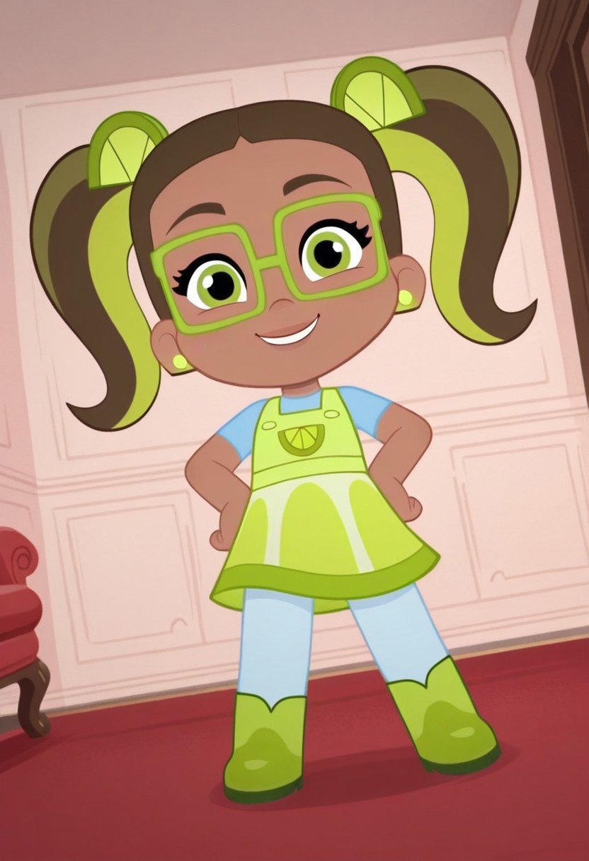 Chb3Hi3, Chibi, cute, masterpiece,best quality,amazing quality, invert, Lime_Chiffon, 1girl, solo, brown skin, green eyes, square glasses, emerald earrings, two-tone hair, brown and lime hair, pigtails, lime-shaped hair-ties, lime green overall skirt, sky blue t-shirt, pastel blue leggings, lime green riding boots,(smile, dutch angle, Hands on hips,naughty pose, looking at viewer, indoors, elegant room, solo, dynamic pose, full_body, head tilt,)