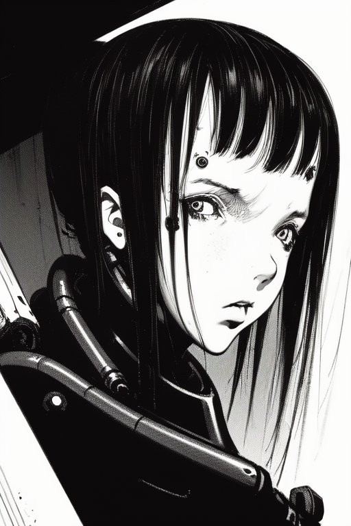 <lora:blame5:1>, cyborg girl portrait, dim light, ((heavy black and white))