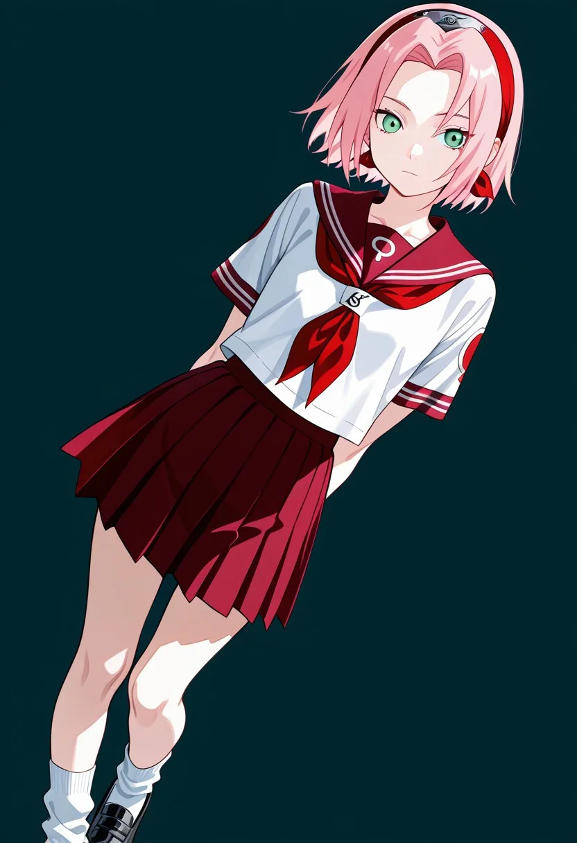 Score_9_up, score_8_up, score_7_up, source_anime, Expressiveh, perfect eyes, 1girl, solo, 1girl, haruno sakura, pink hair, short hair, green eyes, slim body,Small breasts,average height,
School uniform, school shirt, sailor collar, red miniskirt, white socks, black loafers, cowboy cut, dutch angle, provocative pose,
simple background:1.1,
masterpiece, best quality, good quality, newest, highres, absurdres, volumetric lighting,gradient color,
raytracing, volumetric lighting, ambient occlusion, masterpiece, best quality, very awa, absurdres,
BREAK masterpiece, best quality, amazing quality, (perfect anatomy:1.2), (beautiful artwork), (beautiful color), strong lighting, <lora:blm_ILL_V1:0.3>, <lora:HandFineTuning_XL:0.7>