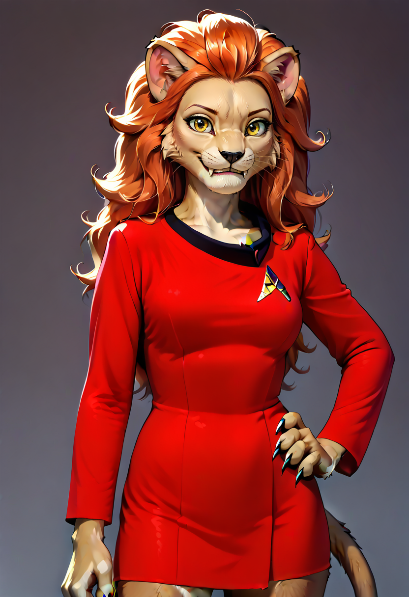 score_8_up, caitian, caitian female, M'ress, star trek, tos, 1girl, solo, long hair, big hair, breasts, looking at viewer, shirt, long sleeves, standing, tail, yellow eyes, cowboy shot, claws, hand on hip, fangs, no pants, red shirt, red dress, furry, black nose, eyebrows, orange hair, tan fur, cheek tuft, starship interior, claws, (eyes half-closed), seductive, smile,  <lora:Caitian_-_Star_Trek_SDXLPony:1>