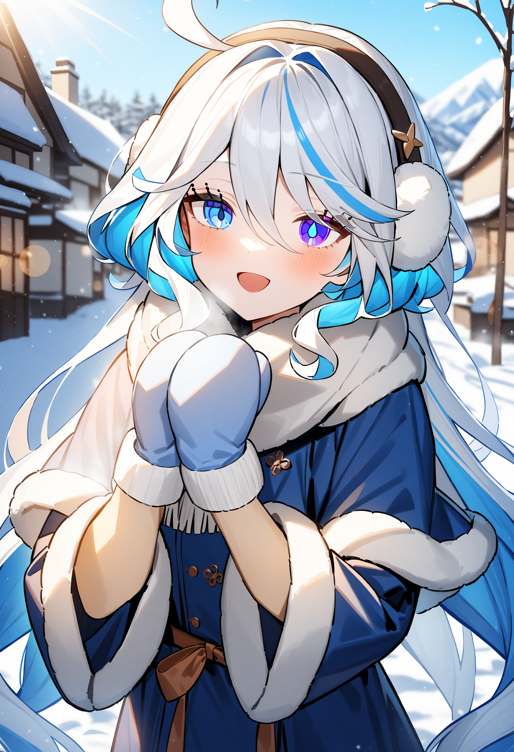 1girl,
furina,solo,heterochromia,blue dress,scarf,mittens,fur-trimmed capelet,earmuffs,long sleeves,alternate costume,headband,sunlight,hands up,enpera,white headband,fur-trimmed dress,winter,day,long hair,very long hair,looking at viewer,white capelet,hairclip,happy,lens flare,open mouth,winter clothes,upper body,own hands together,hair between eyes,fur trim,outdoors,hair ornament,wide sleeves,:d,white scarf,
best quality,masterpiece,
<lora:Furina_lastest:1>,very displeasing,