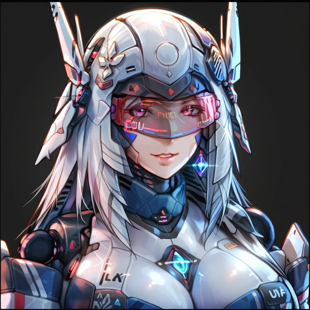 uaf-character, |||, breasts, humanoid robot, mecha musume, medium breasts, silver hair ornament, uaf_neuko, upper body, glowing, android, visor, smile, black border, uaf-portrait, robot girl, robot, uaf_redblue_backlight, parted lips, solo, uaf_red_blue_ilumination, helmet, simple background, 1girl, 80swa, Expressiveh, score_9,score_8_up,score_7_up, 20 years old, 8k, hd, beautiful korean girl, , ultra realistic, hyper realistic, detailed face, natural huge breasts, beautiful woman's face, <LoRA: uafPortraits-000110>, <LoRA: uaf Wt: 1>, pureerosface_v1, (PureErosFace_V1:0.8)