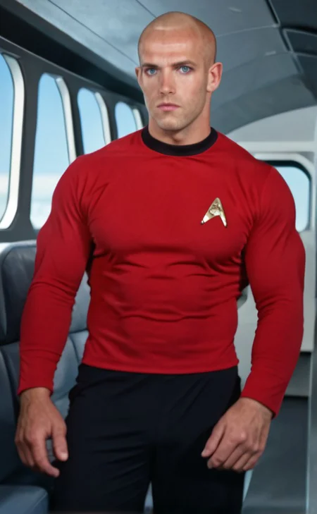1boy, 20 year old male, Handsome, masculine, blonde, star trek, red shirt, muscle, tall, tight shirt, wide pectorals, big shoulders, wide shoulders, muscular neck, German, standing at attention, bald, big pale blue eyes, abs, biceps, serious facial expression, phaser, hand,
stunf, star trek uniform, uss enterprise ncc-1701 interior background, star trek, space ship interior, 1960s TV,