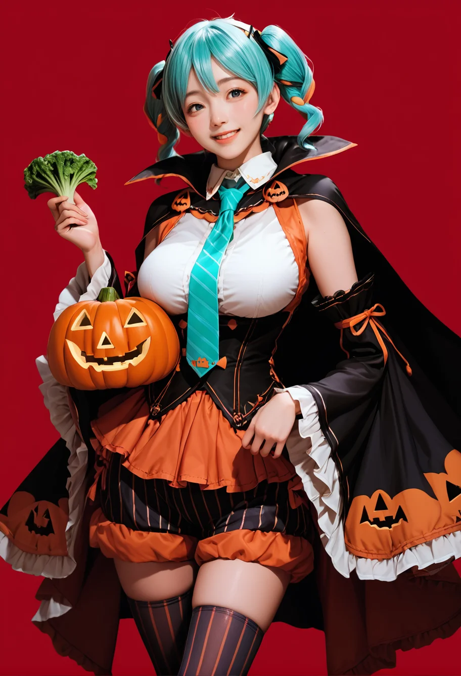 1girl,cowboy shot,red background,,ruanyi1053,aqua necktie,cape,detached sleeves,frills,halloween costume,jack-o'-lantern,vertical-striped thighhighs,vertical-striped shorts,wide sleeves,holding vegetable,
medium breasts,<lora:1053 halloween costume_v1_pony:1>, score_9, score_8_up, score_7_up, score_6_up, score_9, score_8_up, score_7_up, score_6_up source_anime, blush, 1girl, seduce smile, perfect body , natural huge breasts